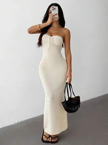 SHEIN PETITE 钩针夏季浪漫假期紧身手工钩针抹胸连衣裙，适合约会、度假、休闲优雅日常穿着、秋冬 - 杏色 - 查看 4