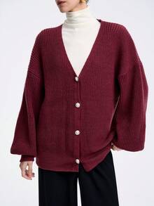 Aalyst Women's Solid Color Drop Shoulder Long Sleeve Single-Breasted Casual Knit Cardigan, Autumn/Winter - Red - View 4