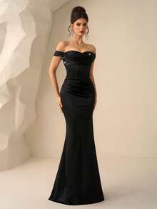 Coutiva 女士优雅亮片拼接露肩正式晚礼服 - 黑色 - 查看 4