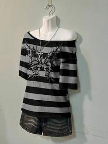 Attitoon Áo thun hở vai tay ngắn họa tiết bướm sọc đen xám phong cách Punk Goth cho nữ, mùa xuân/thu/đông - Nhiều màu - Xem 5