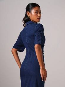COSMINA Women's Short Puff Sleeve Single-Breasted Pleated Casual Denim Dress