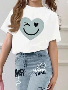 SHEIN 2 pezzi/set Outfit casual per ragazze adolescenti, composto da maglietta a maniche corte con scollo rotondo e stampa di cuori e facce sorridenti, e pantaloni a zampa, adatto per estate, autunno, casa, all'aperto, fotografia di strada, campus - Multicolore - Visualizzare 3