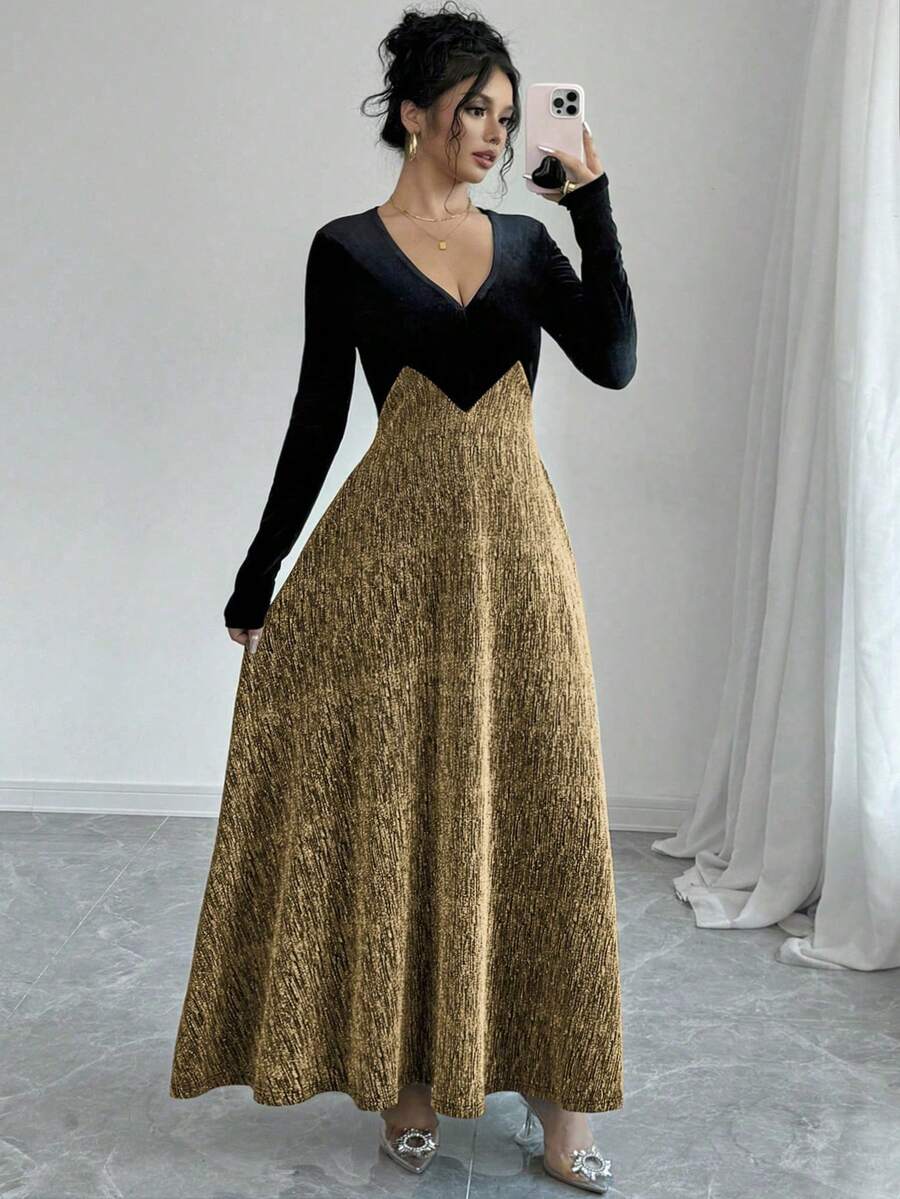 Modelyn Robe longue élégante à manches longues, coupe slim et évasée, en velours noir et fil d'argent. Tenue longue de soirée pour femmes - or noir - Voir 1
