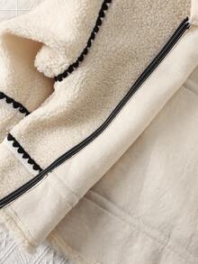 SHEIN Serisse Kids Giacca oversize in pile teddy con colletto e bordi a contrasto, stile casual da strada per ragazze pre-adolescenti, adatta per l'autunno/inverno - Bianco - Visualizzare 10