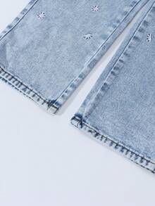 女童休闲做旧刺绣直筒牛仔裤 - 淺色水洗藍 - 查看 7