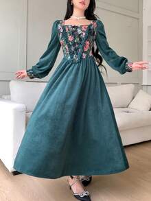 Feyla Elegant Jacquard Patchwork Long Dress For Women French Green Floral Autumn's Winter Christmas - Green - View 5