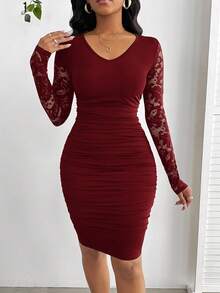 SHEIN Lady Four Seasons Elegant New Year Women's Wear Valentine's Day Ball Dress Women's Party Dress Women's Wine Red Solid Color Lace Splicing V-Neck Long Sleeve Slim Short Skirt Women's Short Skirt Long Sleeve Bodycon Dress Women Bodycon Dress Long Sleeve Elegant Dress Elegant Midi Dress,Wedding Guest Dress Women - Burgundy - View 6