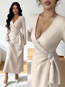 Rafferiza White Autumn Elegant V-Neck Long-Sleeved Dress,Fitted Waist With Circular Accessories,Chic Thanksgiving,New Year's Wear & Dining Party Stylish Dress - Apricot - View 3