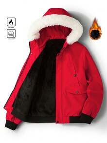 PAVTROS Men's Casual Zip-Up Fleece Trim Hooded Padded Coat, Autumn/Winter, Christmas - Red - View 5