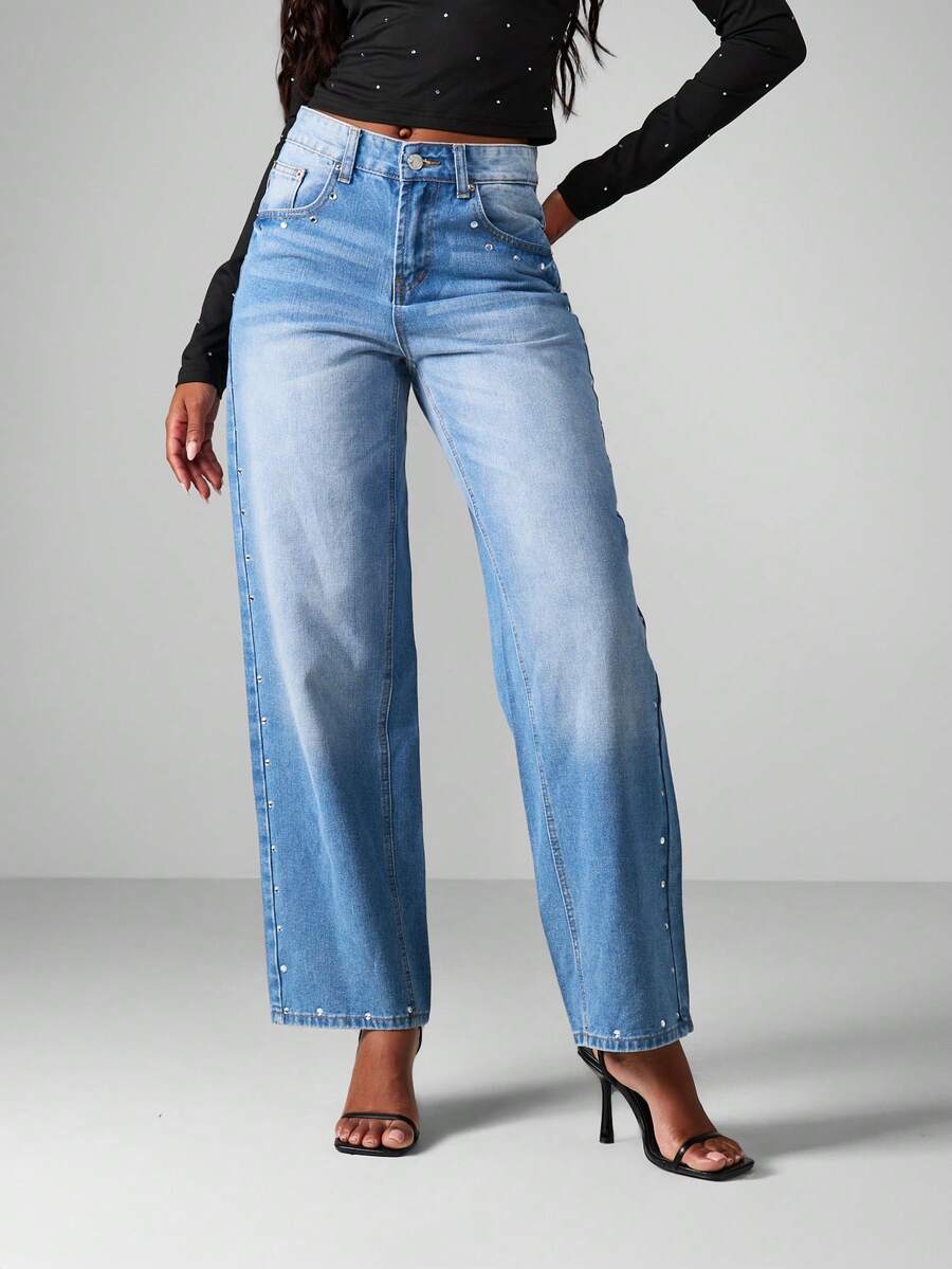 MISSGUIDED Wide Leg High Rise Denim Jeans With Pearl Stud Details Cropped Ankle Length Festival Streetwear - Blue - View 1
