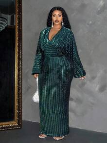 Maweii 大码女式优雅亮片深V领长袖连衣裙 女式长裙 雪花、拐杖糖、冬青、圣诞节 - 綠色 - 查看 6