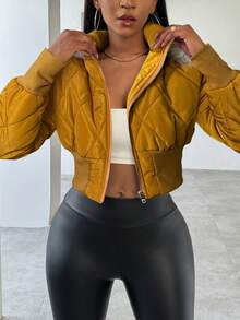 BamGleam Fashionable Versatile Fur Collar Hooded Cropped Jacket, Winter - Yellow - View 4