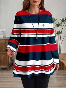 EMERY ROSE تي شيرت بياقة دائرية مقاس كبير، بتصميم ألوان متباينة وخطوط، موسم الخريف/الشتاء