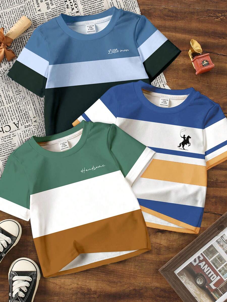 SHEIN 3 件套男婴休闲短袖时尚酷炫经典拼色图案印花圆领 T 恤，适合夏季校园风格 - 彩色 - 查看 1