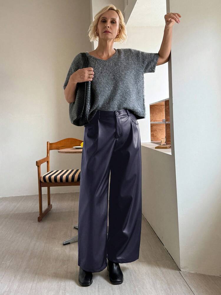 Women's Casual Solid Color PU Leather Wide Leg Pants, Autumn