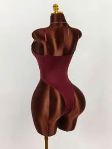 Amplova Bộ đồ liền thân khoét lỗ gợi cảm màu trơn dành cho nữ - Màu Đỏ Sâu - Xem 9