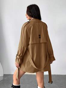 SHEIN EZwear 大码女式插肩袖腰带翻领休闲风衣秋冬女装 - 駝色 - 查看 2