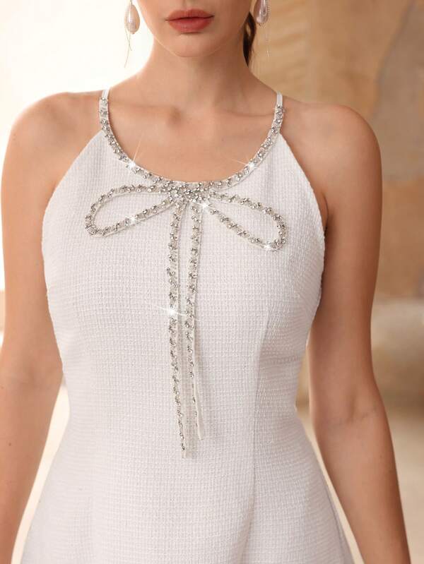 Poshira Vestido de línea A con tirantes de espagueti, decoración de perlas y lazo para mujer, nuevo ajuste delgado y favorecedor