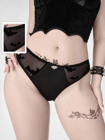 Plus Size Gothic Bat Flocked Trim Thong Panties For Women