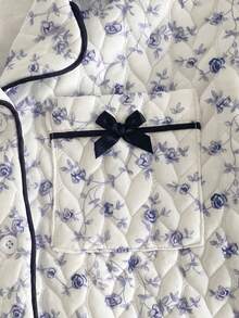 SHEIN 2件套女童休闲碎花长袖上衣和裤子家居服套装 - 藍白色 - 查看 9