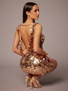 Silquee 时尚性感亮片露背紧身迷你连衣裙 - 金色 - 查看 6