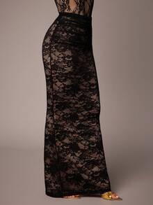 Silquee 黑色蕾丝花卉性感透视褶皱腰身半身裙，适合秋冬季节、圣诞节、情人节、姐妹聚会、约会/外出/夜店派对/聚会、优雅派对/日常约会、浪漫约会等场合。黑色蕾丝长裙，优雅派对/日常约会必备。 - 黑色 - 查看 4