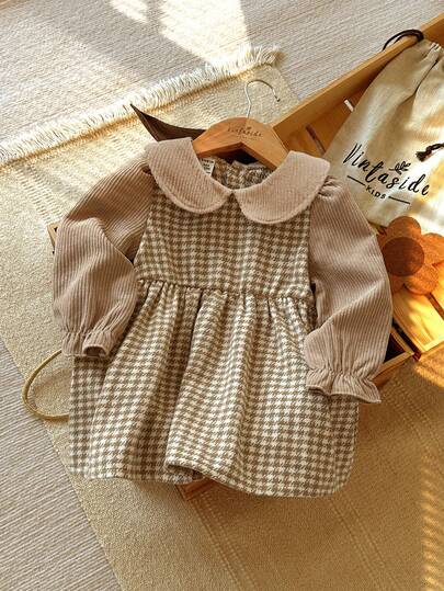 Vintaside Kids Vestido de niña bebé de manga larga con solapa y estampado de pata de gallo, adecuado para clima otoñal suave, viajes, vacaciones, campamentos