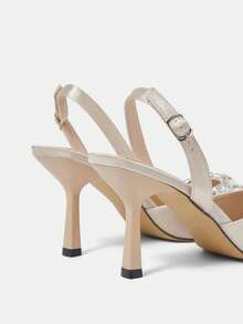 CUCCOO HITCHD Ladies' Apricot, Nude, And Ivory Colored Elegant High Heels For Dressy Occasions. It Features A Gorgeous Chain-Linked Shimmering Rhinestones Decoration And A Large Gemstone. The Shoes Are Made Of Luxurious Light Pink Satin With Pointed Silk Toe And Black High Heels. They Are Designed For Parties, Formal Events, And Weddings. Foldable Butterfly Orchid Flowers And Buckle Closure Add To The Beautification Of The Shoes. Spring Shoes Spring Break Easter Prom Heels For Christmas Elegant Shoes - Beige - View 10