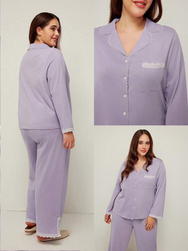 Women Plus Basic Soft Cotton Pajama Set Lace Elegance Trim Long Pajama Set