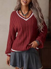 LanaWest Casual Contrast Color Trim Raglan Sweater, Autumn/Winter - Redwood - View 5
