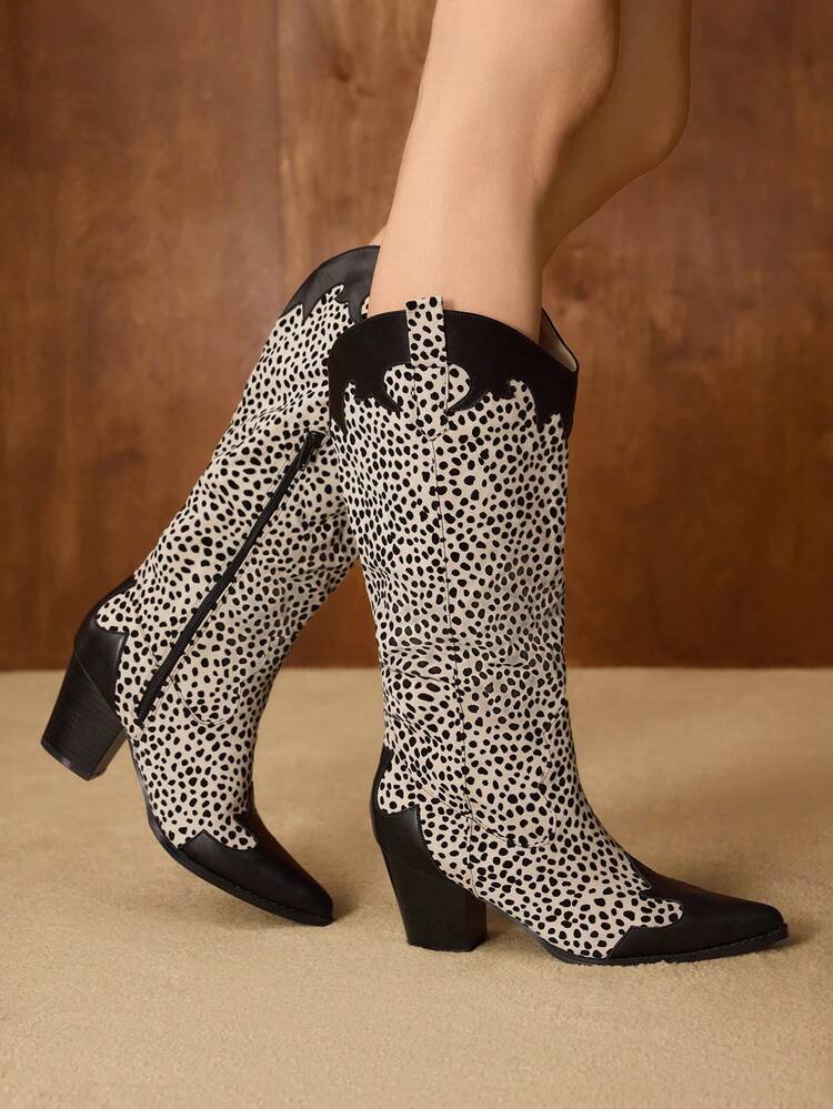 BOTAS DE TACÓN MEDIANAS CON CREMALLERA LATERAL Y ESTAMPADO DE LEOPARDO DE COLORES PARA MUJER, NUEVA COLECCIÓN OTOÑO/INVIERNO