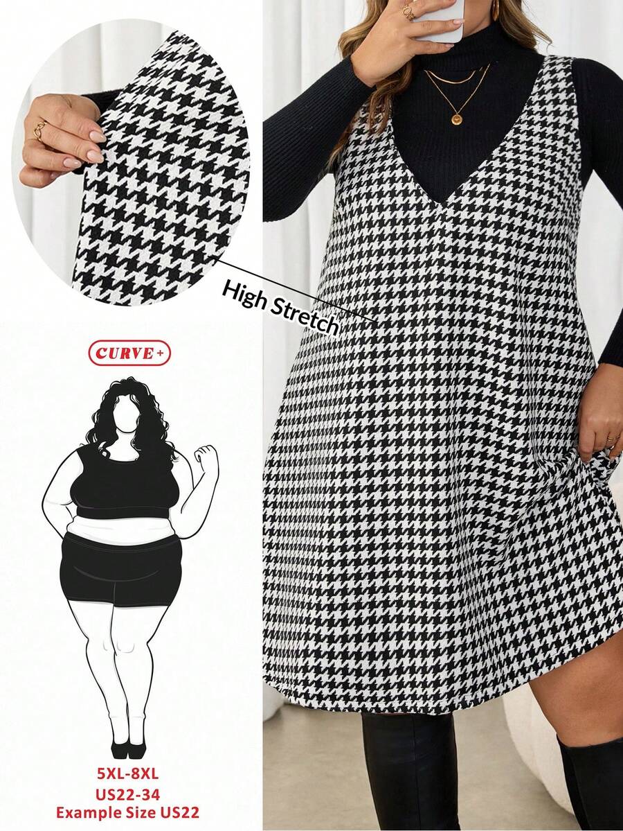 SHEIN CURVE+ Váy yếm kẻ caro đen trắng cỡ lớn dành cho nữ, phong cách đường phố cổ điển thường ngày, thu/đông - Đen và trắng - Xem 1