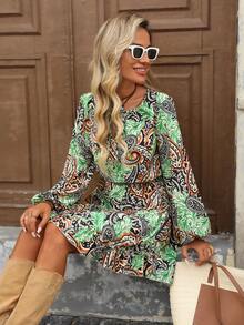 Brillora 女式度假腰果印花系带灯笼袖时尚迷你连衣裙 - 彩色 - 查看 4