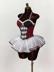 Amplova Đầm ngắn thời trang cổ yếm xếp nếp kim sa hình thoi màu tương phản dành cho nữ - Nhiều màu - Xem 3