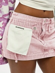 SUMWON WOMEN Deconstructed Pink Denim Mini Skirt Frayed Hem Casual Streetwear Fashion Summer Festival - Pink - View 8