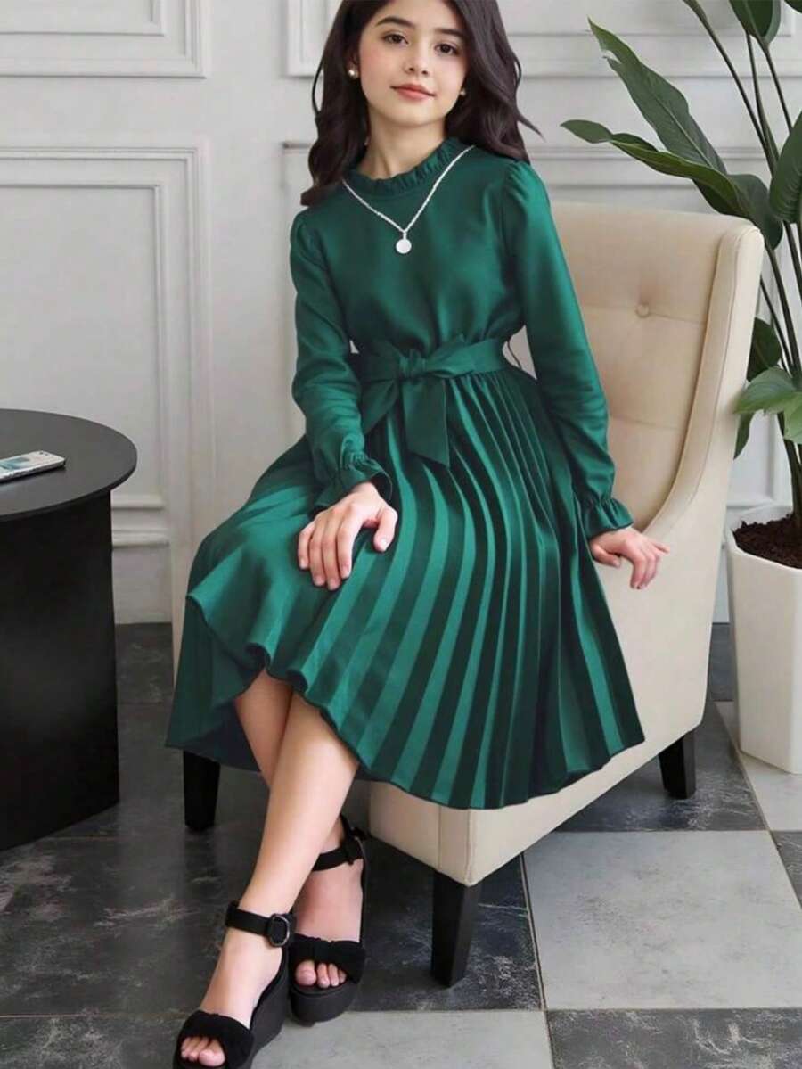 Sparklyn 少女度假休闲优雅褶皱长袖连衣裙 - 綠色 - 查看 1