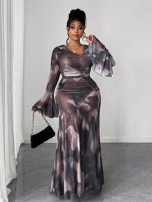 Maweii Đầm dài gợi cảm, hơi xuyên thấu, chất liệu lưới, in họa tiết bất đối xứng, xếp ly ở vai, tay áo loe lệch, eo ôm sát, gấu đầm xòe, thích hợp cho mùa xuân/thu, nghỉ dưỡng và du lịch hè. - Nhiều màu - Xem 4