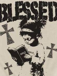 Manfinity EMRG Plus Size Men's Khaki/Beige Round Neck Short Sleeve T-Shirt With Faith And Little Girl Reading Bible Print, American Vintage, Streetwear Style, Casual, Summer