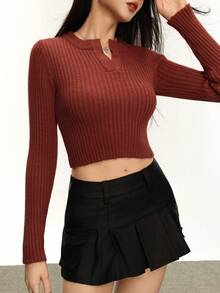 INAWLY Suéter corto de cuello con muesca de unicolor casual, versátil para el otoño - Burdeos - Ver 7