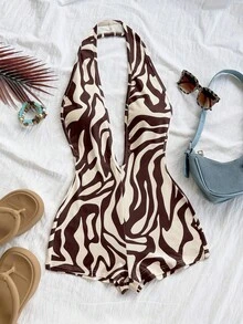 Soleia Women's Vacation White Knit Textured Wavy Pattern Deep V Neck Backless Sexy Bodysuit, Fashionable Fitted For Party, Date, Afternoon Tea, Boho Vacation, Beach, Summer Outfit