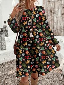 EMERY ROSE Weihnachtliches Lässig Minimalistisches Weihnachtsbaum & Lebkuchenmann Muster Damen Große Größen Langes Kleid, geeignet für Weihnachtspartys und Weihnachtsgeschenke