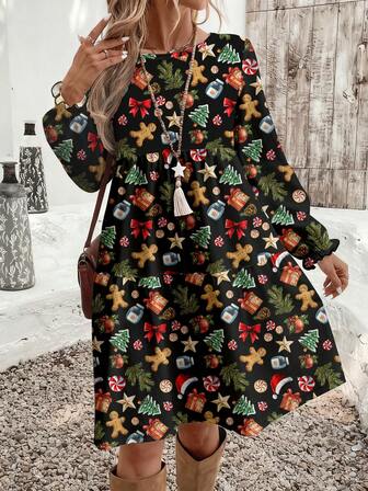 EMERY ROSE Vestido midi de mujer con estampado navideño para otoño e invierno, romántico, hombre de jengibre, Papá Noel, fiesta, regalo de Navidad, elegante, adecuado para citas y viajes, regalo para mamá, estilo degradado, Fa