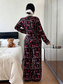 SHEIN 黑色爱心印花荷叶边前襟女士睡衣两件套，秋冬服装 - 彩色 - 查看 2