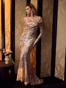 MOTF Soiréza VESTIDO DE NOCHE ELEGANTE CON DISEÑO DE CHAL ASIMÉTRICO BORDADO CON LENTEJUELAS, VESTIDO DE SIRENA PARA FIESTA FORMAL - Champán - Ver 6