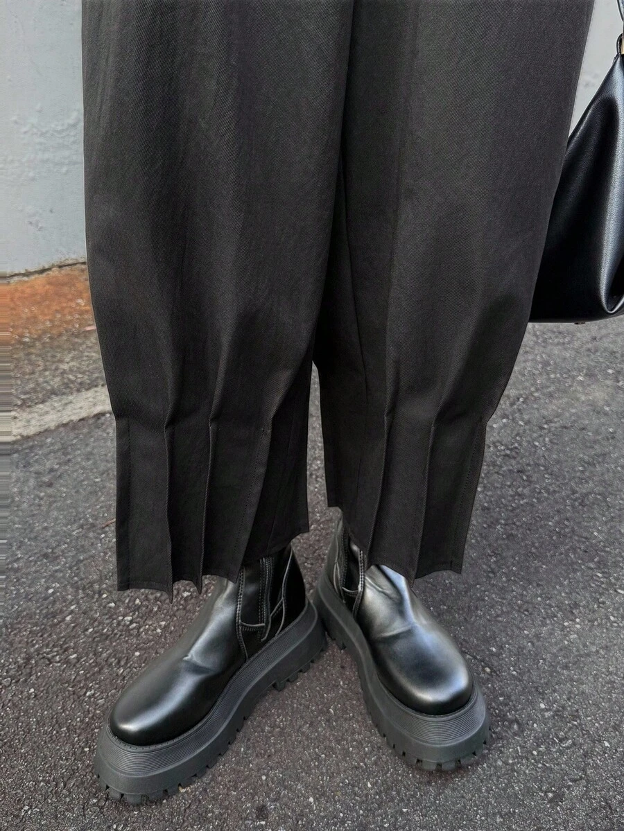 FRIFUL 女式纯黑色百褶下摆宽松休闲裤，适合秋季穿着 - 黑色 - 查看 1