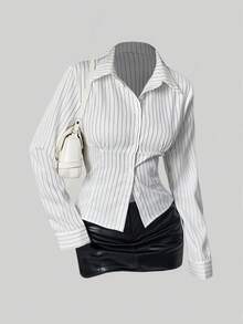 Sweetra 时尚撞色纹理纽扣修身腰部修身条纹领长袖女式衬衫