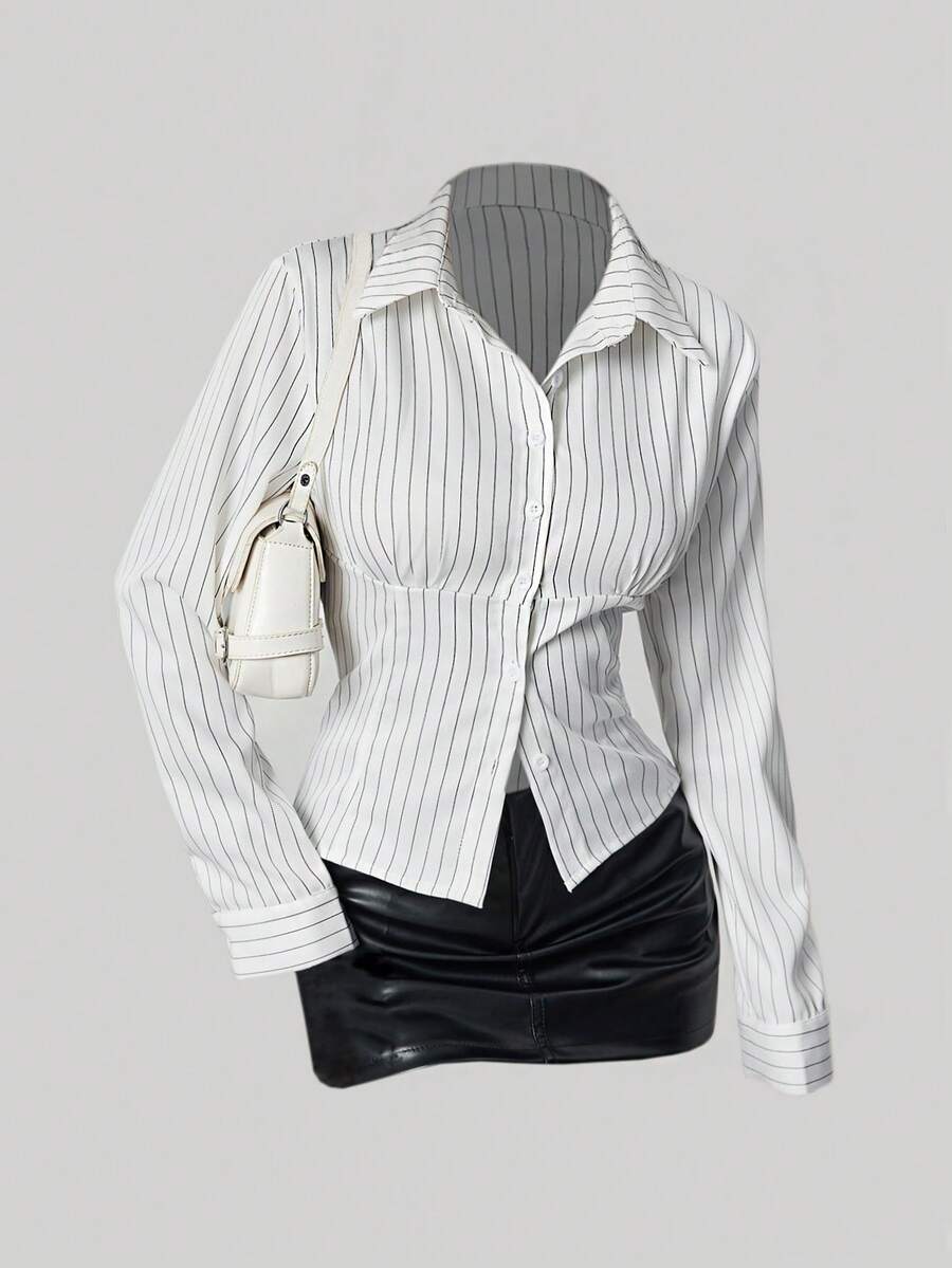 Sweetra 时尚撞色纹理纽扣修身腰部修身条纹领长袖女式衬衫