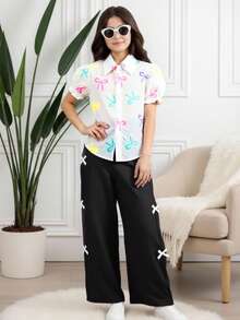 SHEIN 2 件套青少年女孩彩色蝴蝶结荷叶边短袖白衬衫 + 紫色宽松阔腿裤，休闲日常和节日装，夏季 - 彩色 - 查看 1