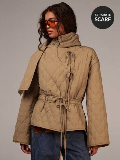 Athîral 女士纯色落肩长袖保暖钻石图案系带休闲棉服外套