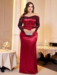 Coutiva Vestido de noite formal plus size com lantejoulas, patchwork, babados, ombro de fora, manga comprida - Borgonha - Ver 7